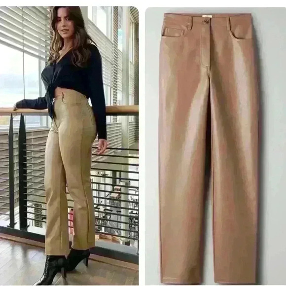 WILFRED Aritzia  Melina Pant high-waisted Vegan Leather Straight Leg Tan size 2 - Picture 1 of 7